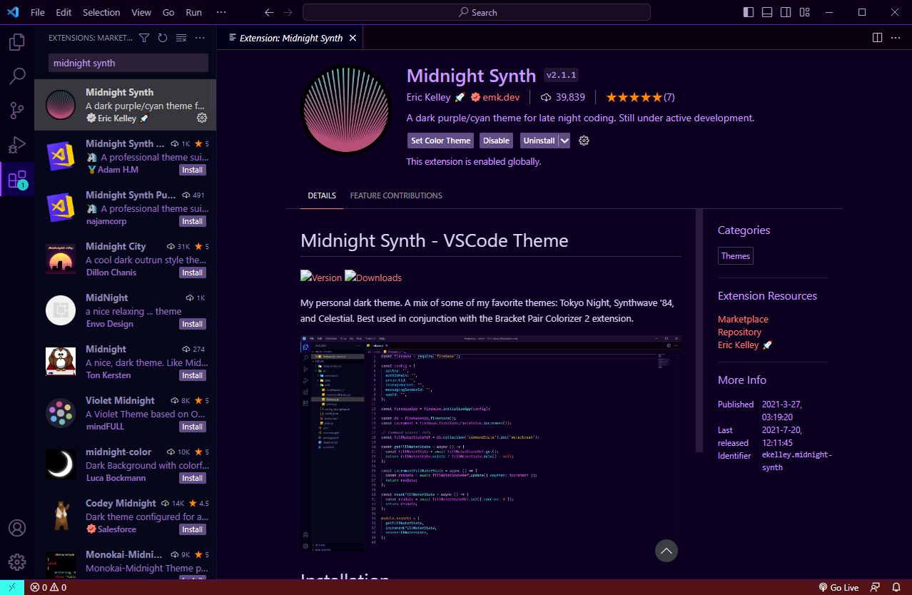 VScode 테마 Midnight Synth